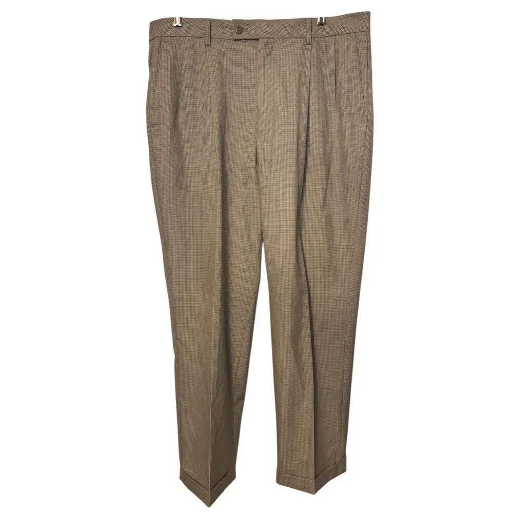 Alan Flusser Golf Pants Mens 36X30  Pleated Cuffed Beige Mini Houndstooth